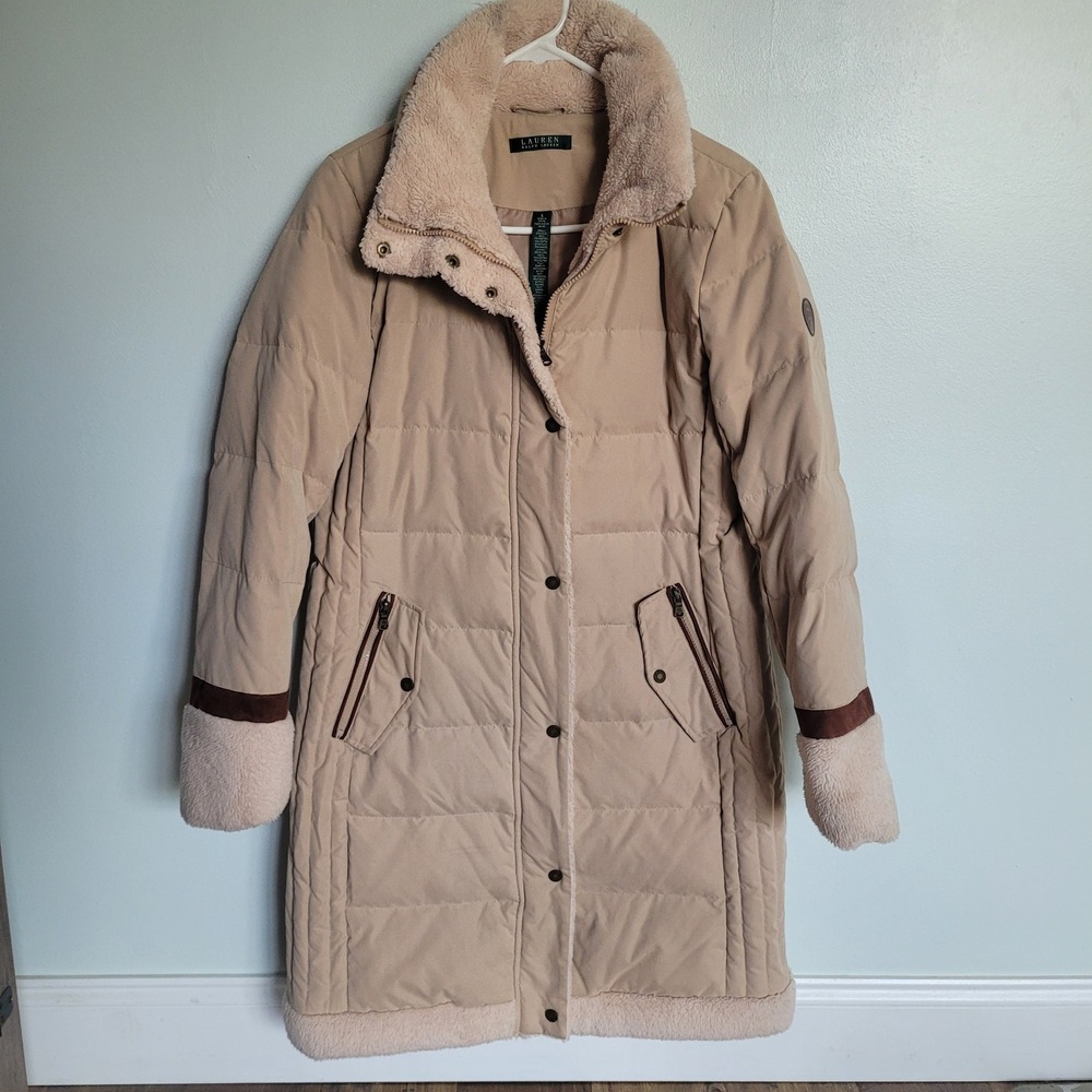 Lauren Ralph Lauren Down Feather Parka Coat Beige Tan Sherpa Lined Womens Sz M
